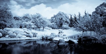 Infrared panoramic  landscape of a japanese garden with a lake and bridge selenium tonedの写真素材