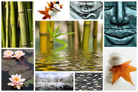 Collage of several zen picture with bamboo stone leaves and flowersの写真素材