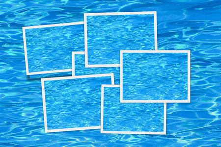 Picture frames over a blue pool backgroundの写真素材