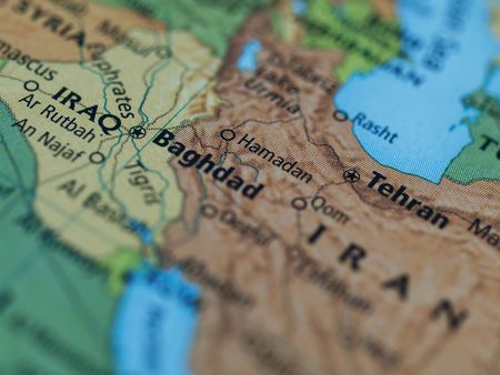 Map of Iraq Iran area with selective focus on Baghdad Iraqの写真素材