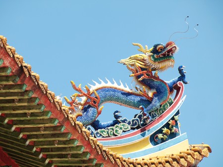 Detail of the roof of a buddist temple with a colorful dragon in Kuala Lumpur