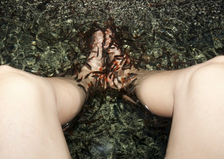 Man having his foot cleaned by Garra rufa fish in a Malaysian spa in Kuala Lumpurの写真素材