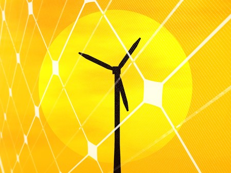 3D rendering of a wind turbine in front of the sun disc at sunsetの写真素材