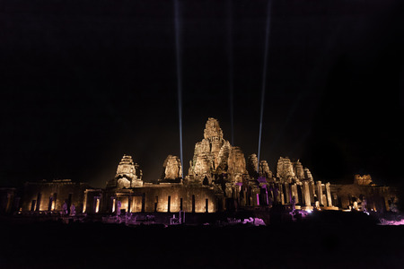 Illuminated Bayon temple near Siem Reap in Cambodia during Kmer new Year 2015の写真素材