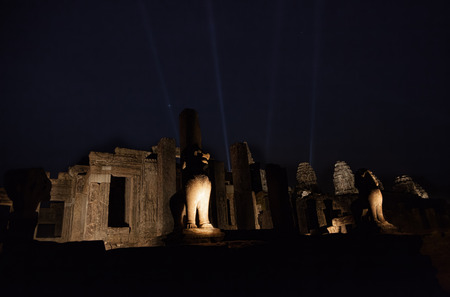 Illuminated Bayon temple near Siem Reap in Cambodia during Kmer new Year 2015の写真素材