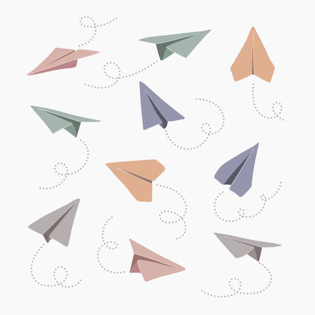 Vector set of hand drawn doodle paper airplane isolated on white background. Colorful symbol of travel and route.のイラスト素材