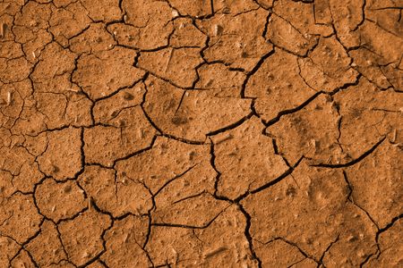 Texture of cracked red soil in hot summer day.