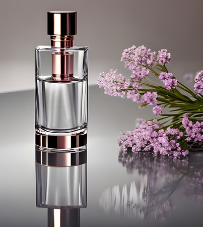 Exclusive round bottle of perfume on a glass reflective table with some little flowers in the...