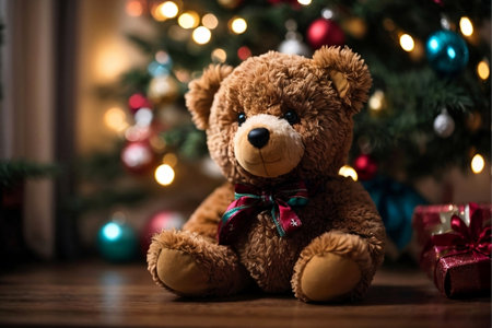 Teddy bear in New Year's and Christmas scenography as a symbol of carefree childhood and the joy that the holidays bring. Time for holiday gatherings, family celebrations and happiness.の素材