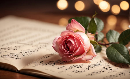 Introduced rose on sheet music. An allegory of lyrical music and romance.の素材
