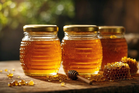 Honey in glass jars and  drops of honey on a wooden background. The concept of natural organic honey.の素材