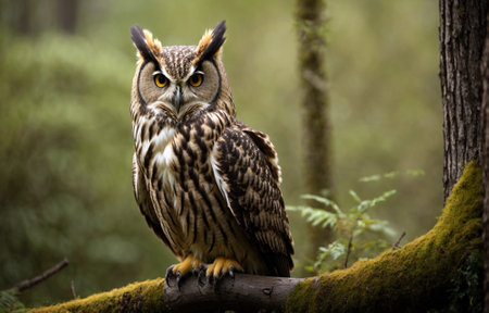 A forest owl on a branch in a forest area. The Predator is watching. Wild birds in their natural environment.の素材