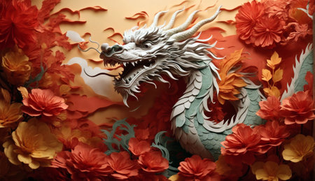 Paper dragon as a decoration for the Chinese New Year. Culture and art of the Far East.Chinese new year poster, banner, postcard design element.の素材