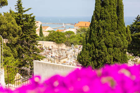 Old cemetery in Dubrovnik, Croatia, with flowers on the foregroundの写真素材