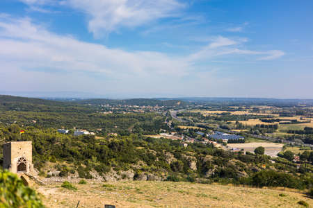 View of the Fortress of Mornas and the Rhone Valley with the A7 motorway (Provence-Alpes-CÃ´te d'Azur, France)のeditorial素材
