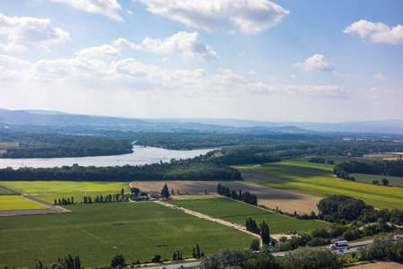 View over the RhÃ´ne valley from the top of the Fortress of Mornas (Provence-Alpes-CÃ´te dÂ´Azur, France)のeditorial素材