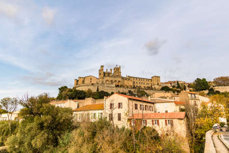 View from the banks of the Orb River on the Saint-Nazaire cathedral in BÃ©ziers (Occitanie, France)のeditorial素材