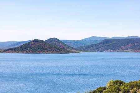 Panoramic view of the lake and mountains on a sunny day