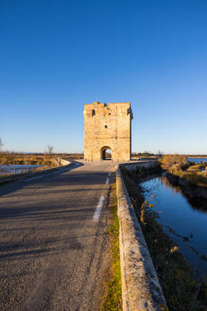 CarbonniÃ¨re Tower in the middle of the marshes of the Petite Camargue, near Aigues-Mortes (Occitanie, France)の写真素材