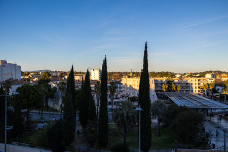 View at sunset on Montpellier around the Corum, at the end of the Esplanade Charles de Gaulle (Occitanie, France)のeditorial素材