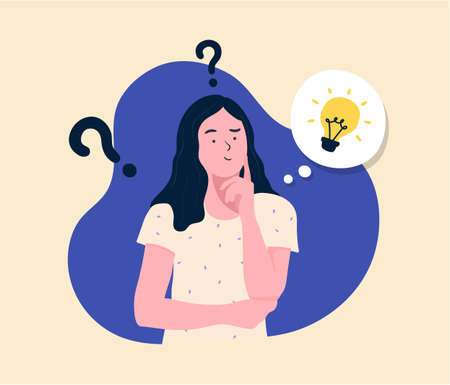 problem solving concept, woman thinking, with question mark and light bulb icons. creative idea. Hand drawn style flat design illustrationsのイラスト素材