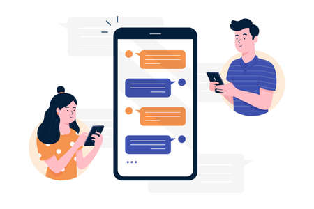 Chat messages smartphone, Sms on mobile phone screen. Man, woman couple chatting, Messaging using chat app or social network. Two persons cellphone conversation sending messages.のイラスト素材