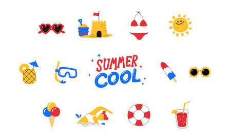 Set of cute summer icon: Sun, Sun glass, food, drinks, pineapple, Swimsuit, Swimming goggles, Sandcastle. Bright summertime poster. Collection of scrapbooking elements for beach party. doodle lineのイラスト素材
