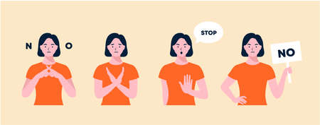 Woman is showing a gesture No. negative, opposite gestures set. woman protested holding a sign with the words No. No means no concept, stop here. flat design style minimal illustration.のイラスト素材