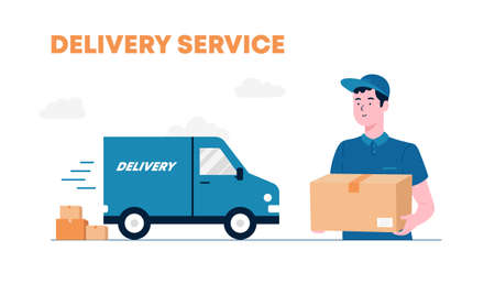 Delivery courier man holding package with delivery truck in background. The Courier Brought The Parcel By Truck. Delivery man and track. Flat design modern illustration.のイラスト素材
