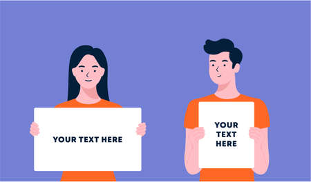 young people holding showing displaying white blank board banner poster. man and woman showing blank signboard, with copy space area for your text or slogan. flat style design illustrations.のイラスト素材