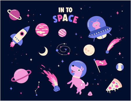 Cute cosmos stickers set concept. Set on a space theme with aliens, ufo, rocket, dog, pizza, planets-moon, stars. isolated on black background. funny cartoon space set illustration.のイラスト素材