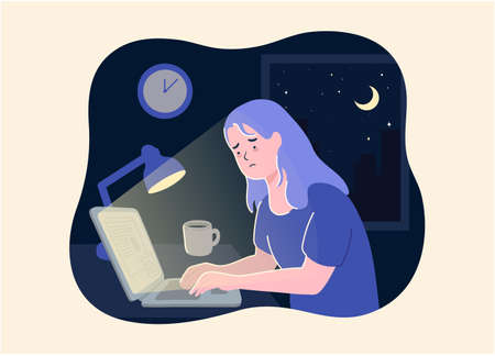 Woman working at night. Unhappy stressed female late hard works in office with computer. business woman work overtime hard with laptop to complete work with cityscape background on night time.のイラスト素材