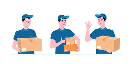 Courier Young Man Character Set. Delivery man in blue uniform holding boxes in different poses. flat illustration.のイラスト素材