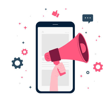 Digital Marketing, Digital Mobile and Affiliate Online Social Media. Marketing Strategy Concept. Refer A Friend Advertising. mobile phone, Hand hold megaphone, flat Illustrationのイラスト素材