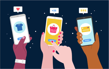 Hand holding phone, close-up. With Shopping basket, T-shirt, Card icon. Online shopping. Smartphone gestures set. Hands taking a selfie or making a picture, hands unlocking in the phone.のイラスト素材