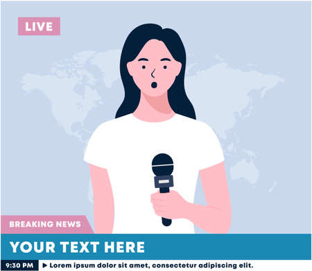 Newscaster woman reports breaking news. A woman holds a microphone in her hand. news reporter live on screen. Correspondent reports the news. A television. Media TV news.のイラスト素材