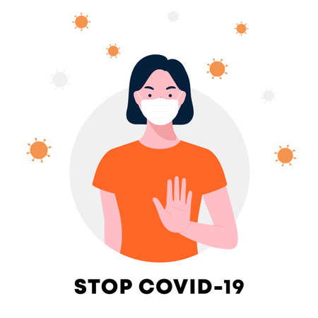 Stop covid-19, corona virus. Woman wearing protective face mask, and showing stop sign with hand palm. NO! medical face mask. Infection control concept.のイラスト素材