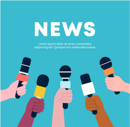 Hands holding microphones, set, taking speech interview, Concept for News, breaking news, journalist, Media, TV, information, broadcasting, mass and communication.のイラスト素材