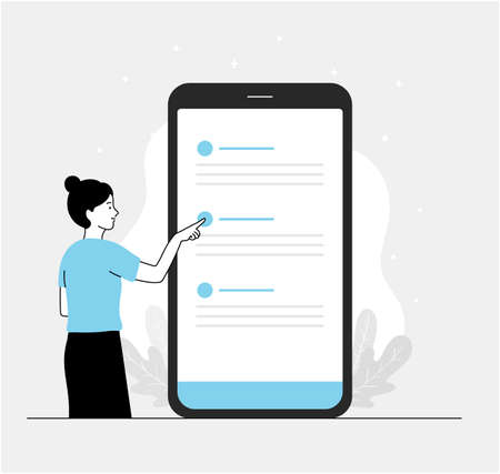 Woman are standing near big smartphone and using smart phones. Young woman look in To Do list. Female and big mobile phone. simple minimal style.のイラスト素材