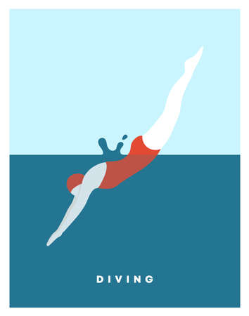 Diving woman. Woman character dives. jumping into water a jump of a sporty woman into swimming pool. Female wearing swimming suit jumping in water. Modern style.のイラスト素材