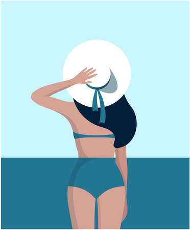 Slender woman dressed in swimsuit with big hat at her head is standing on the beach. Summer vacations. Beautiful sexy girl in bikini and hat. Partition of facet. Back view.のイラスト素材