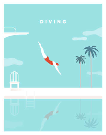 Woman character dives. jumping into water. a jump of a sporty woman into swimming pool. Female wearing swimming suit. diving board, Palm tree, Chair. Modern style.のイラスト素材