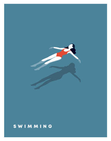 Girl lying on a float in the water. Woman in swimsuit lying on swimming pool, Holiday, Relax on beach or pool. Vacation top view.のイラスト素材