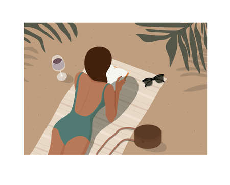 Woman in swimsuit lying on beach, reading book and sunbathing. Girl relaxing at seaside resort. rest during picnic on nature. Sand river bank. summer tourism, vacation.のイラスト素材