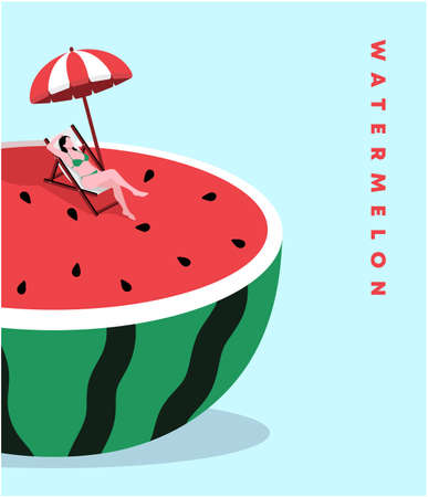 Oversize watermelon and downsizing characters swimming pool concept. woman in beach chair with umbrella, Big watermelon slice with black seeds. Parasol, Bikini, Summer.のイラスト素材