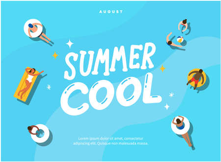 Group of people dressed in swimwear swimming in pool and sunbathing people. Men and women performing summer outdoor water activities. vacation, Top view, trendy style.のイラスト素材