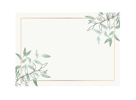 Leaves minimalistic frame. Hand drawing plants, branches, Herbal. Greenery wedding square invitation. leaf, Gold line. Watercolor, line drawing style. Modern neutral design for poster, card.のイラスト素材