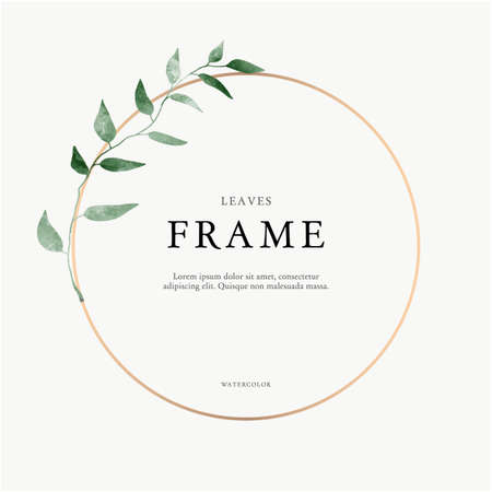 leaves minimalistic round frame. Hand drawing plants, branches, Herbal. Greenery wedding square invitation. leaf, Circle. Gold line. Watercolor style. Modern neutral design for poster, card.のイラスト素材