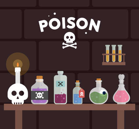 Magic potion bottles icon set. jars, Alchemy magic beverage elixir or poison. flasks, table. candle,...