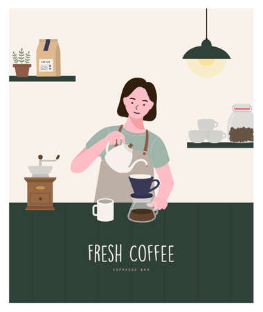 Barista woman making coffee on counter coffee. Female barista, manual brew drip coffee and accessories, wearing apron petting, interior decoration, Modern flat illustrations.のイラスト素材